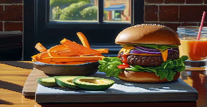 A gourmet plant-based burger with fresh ingredients and sweet potato fries on a wooden table.