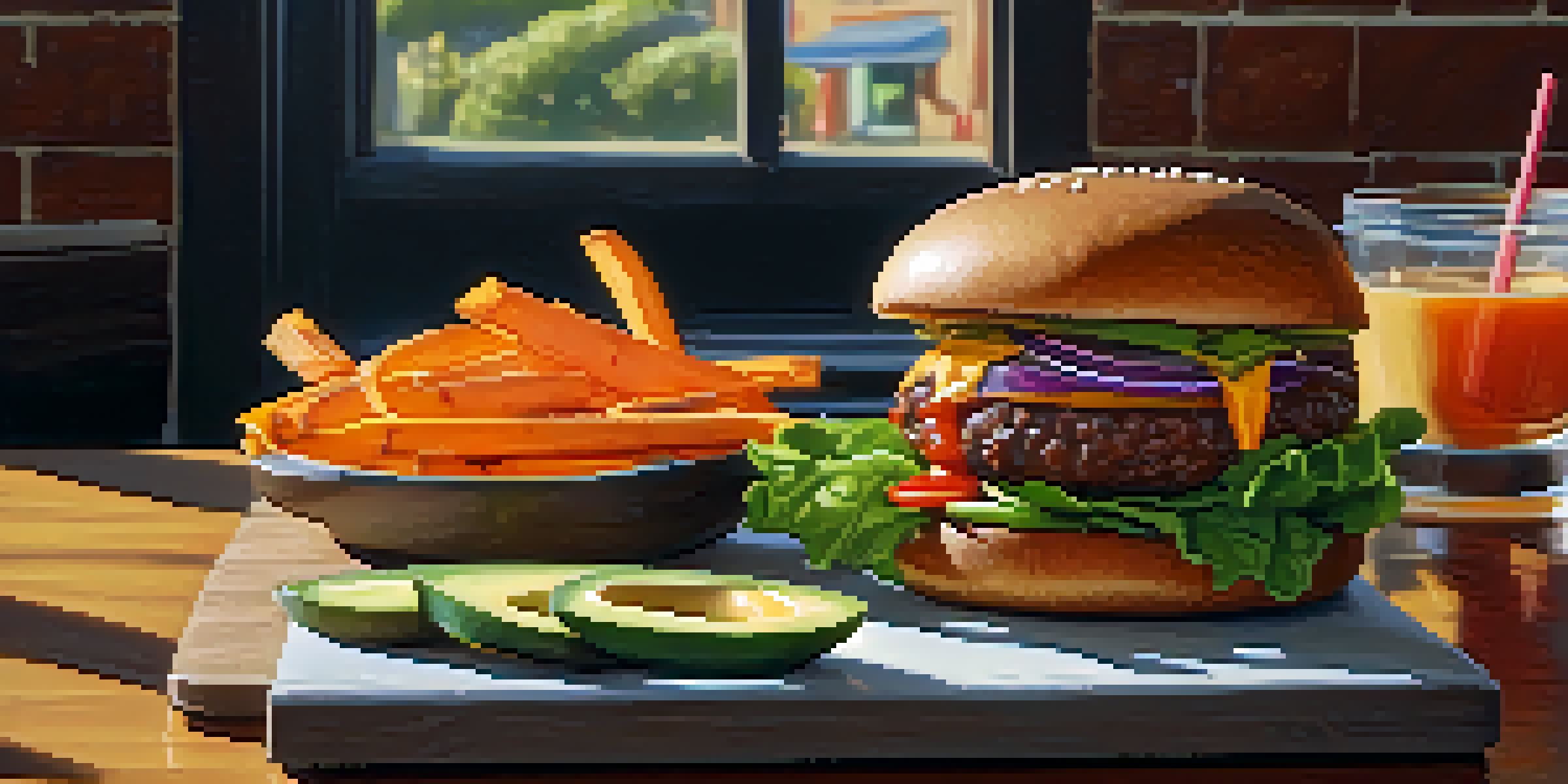 A gourmet plant-based burger with fresh ingredients and sweet potato fries on a wooden table.