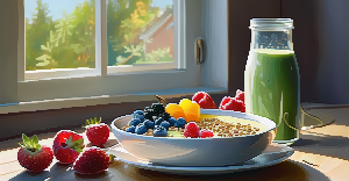A colorful smoothie bowl with fruits and seeds on a wooden table in bright morning light.