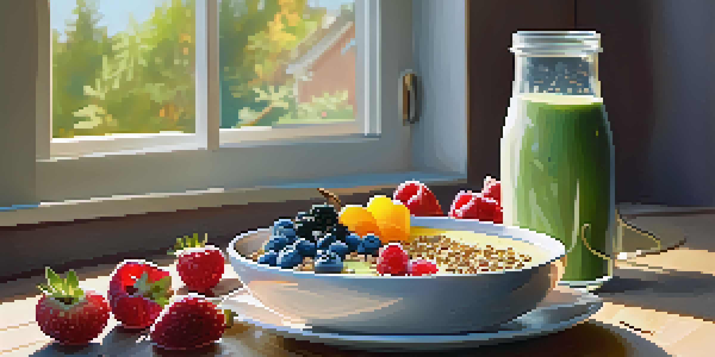 A colorful smoothie bowl with fruits and seeds on a wooden table in bright morning light.