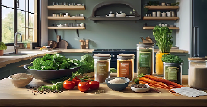 A vibrant plant-based meal kit displayed on a wooden table, featuring fresh vegetables and grains with a recipe card.