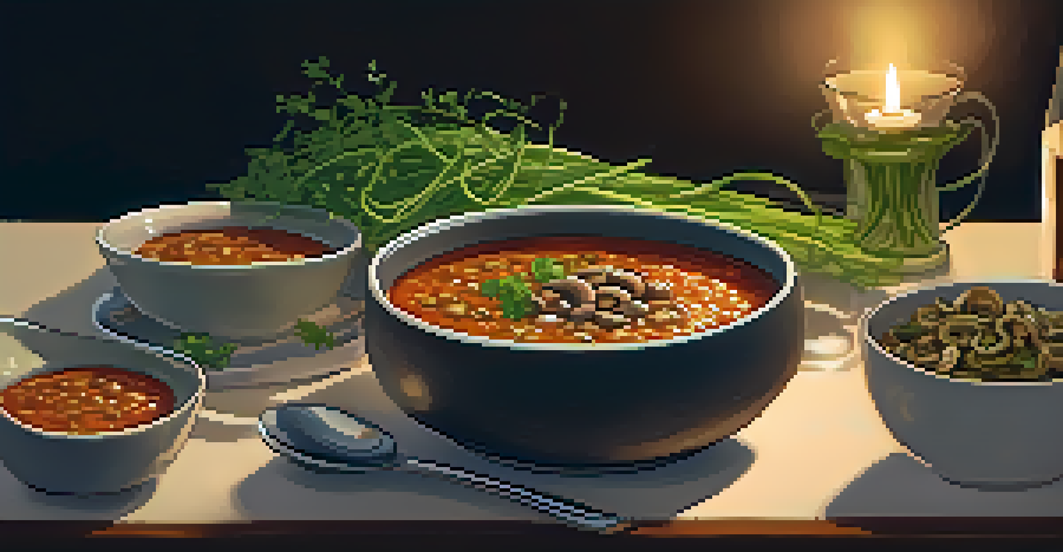 A cozy dinner table with a bowl of lentil soup garnished with fresh herbs and a plate of zoodles topped with marinara sauce and mushrooms, softly lit by candlelight.