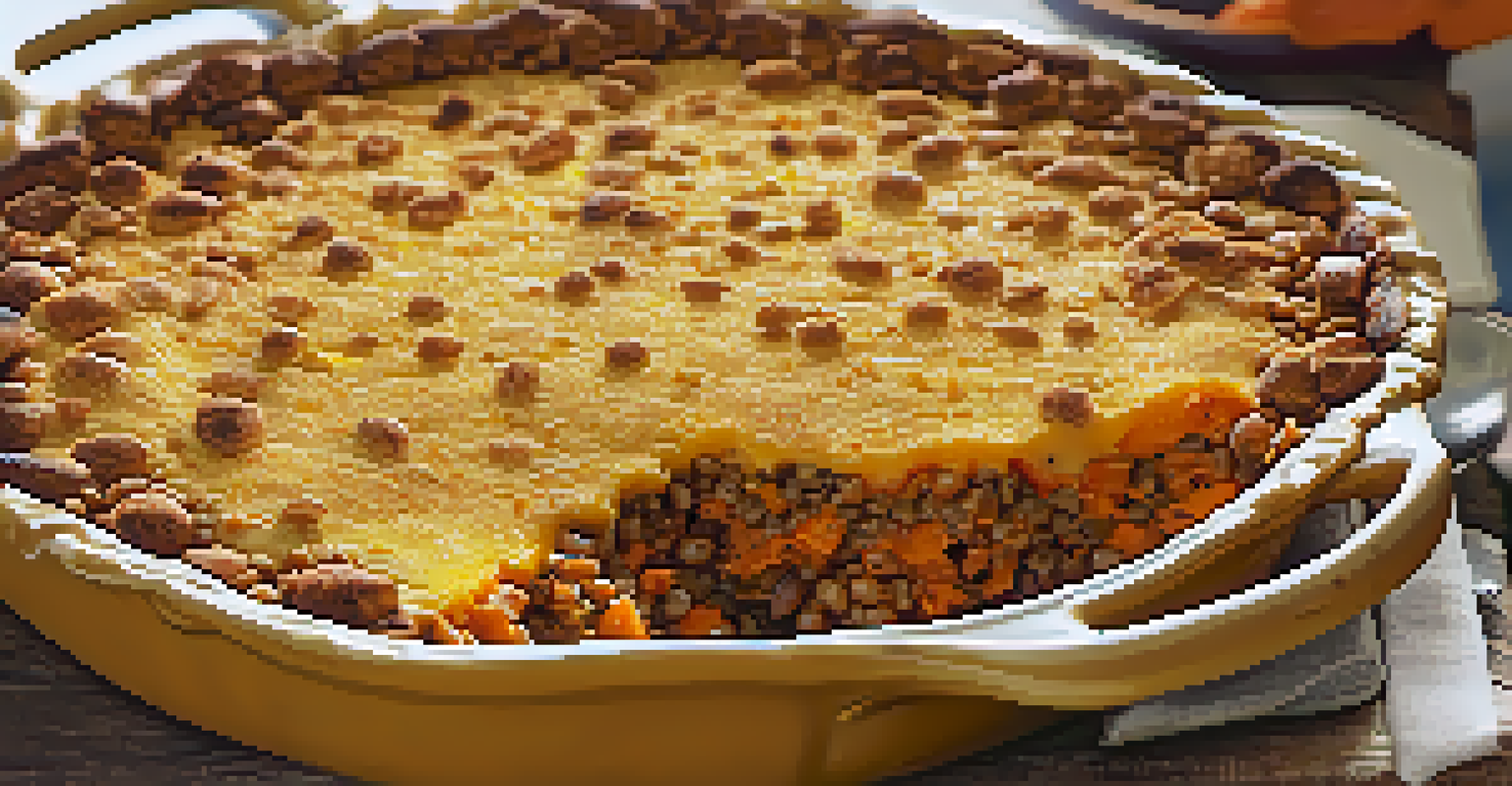 Close-up of a lentil and sweet potato casserole with a golden cheese crust, set on a wooden surface with sweet potatoes and lentils.