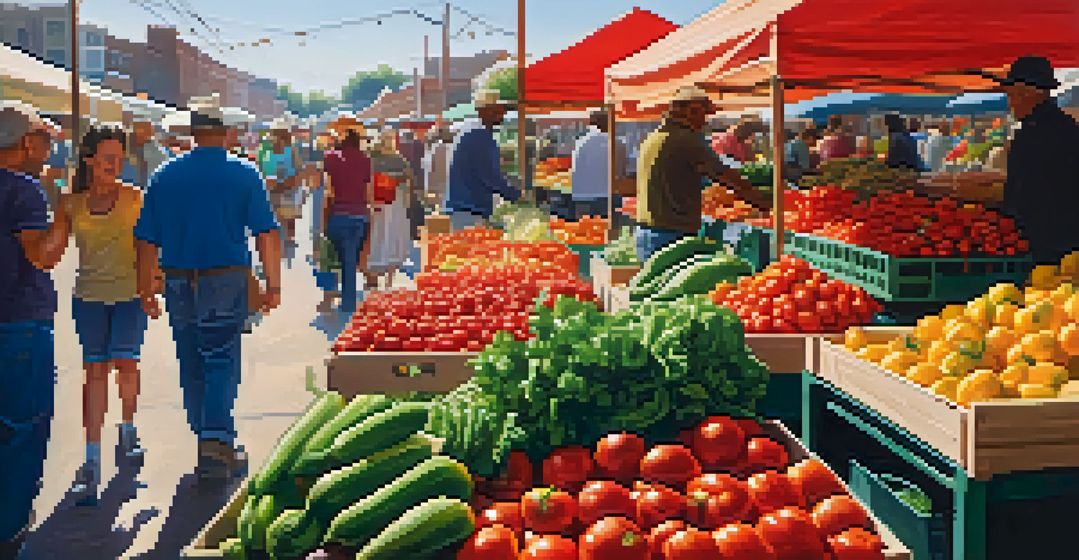 A bustling farmers market showcasing a variety of seasonal vegetables with bright colors and engaged shoppers.