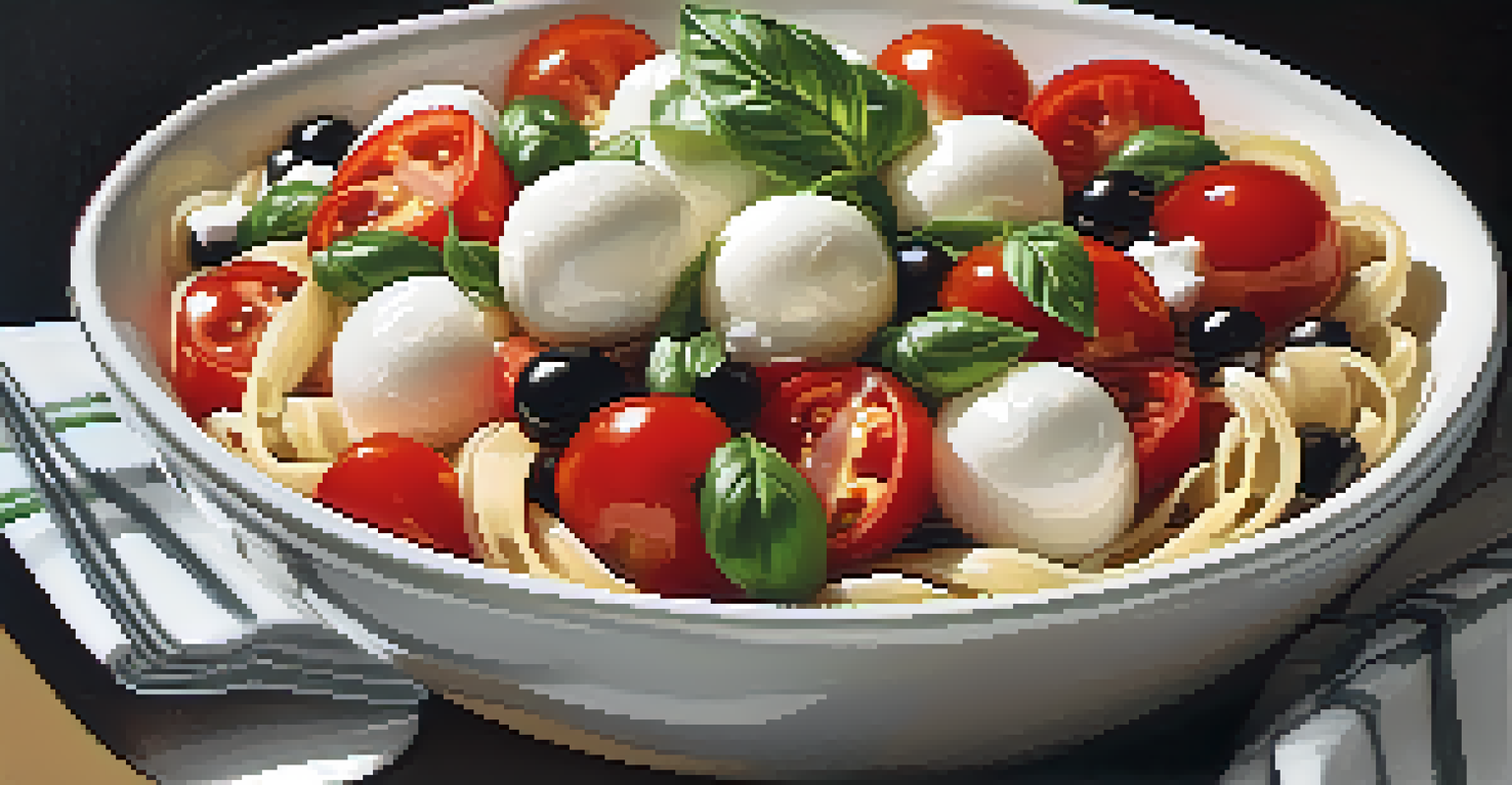 A bowl of Caprese pasta salad with tomatoes, mozzarella, and basil, drizzled with balsamic glaze.