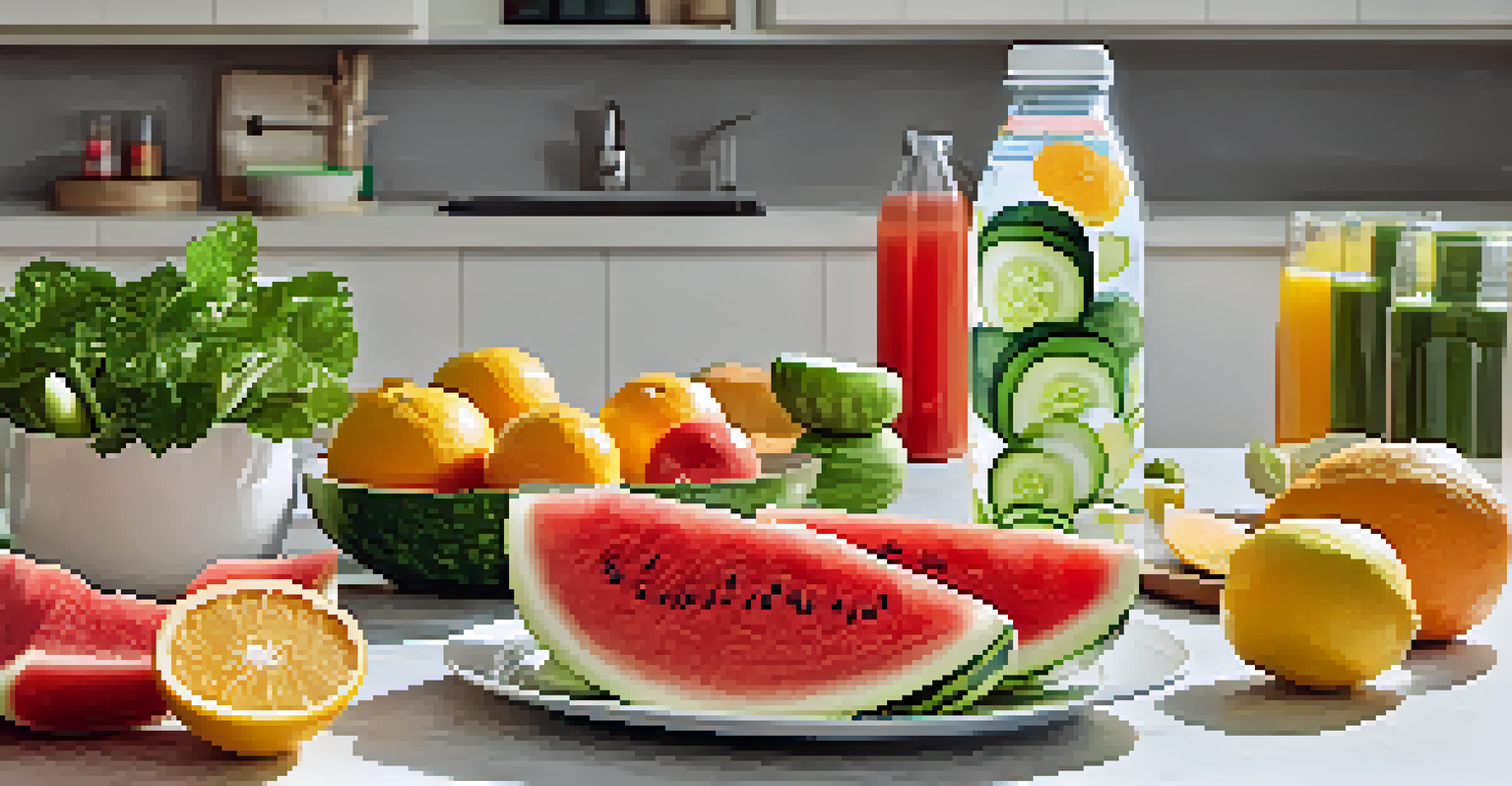 A plate of hydrating fruits and vegetables like watermelon and cucumber, with a reusable water bottle in the background.