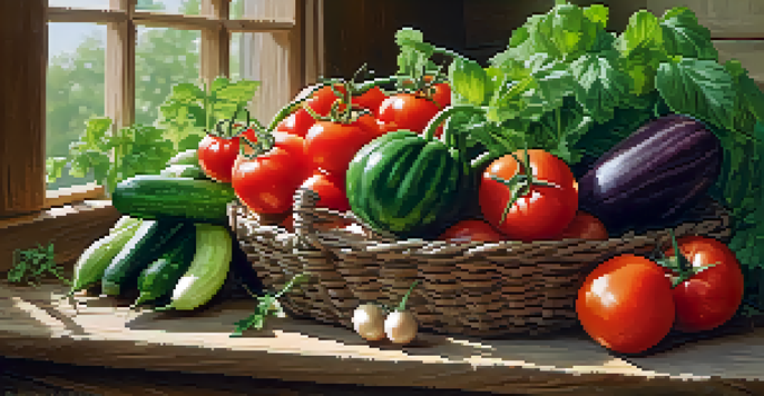 A close-up of freshly harvested vegetables on a wooden table, showcasing bright colors and textures in a garden setting.