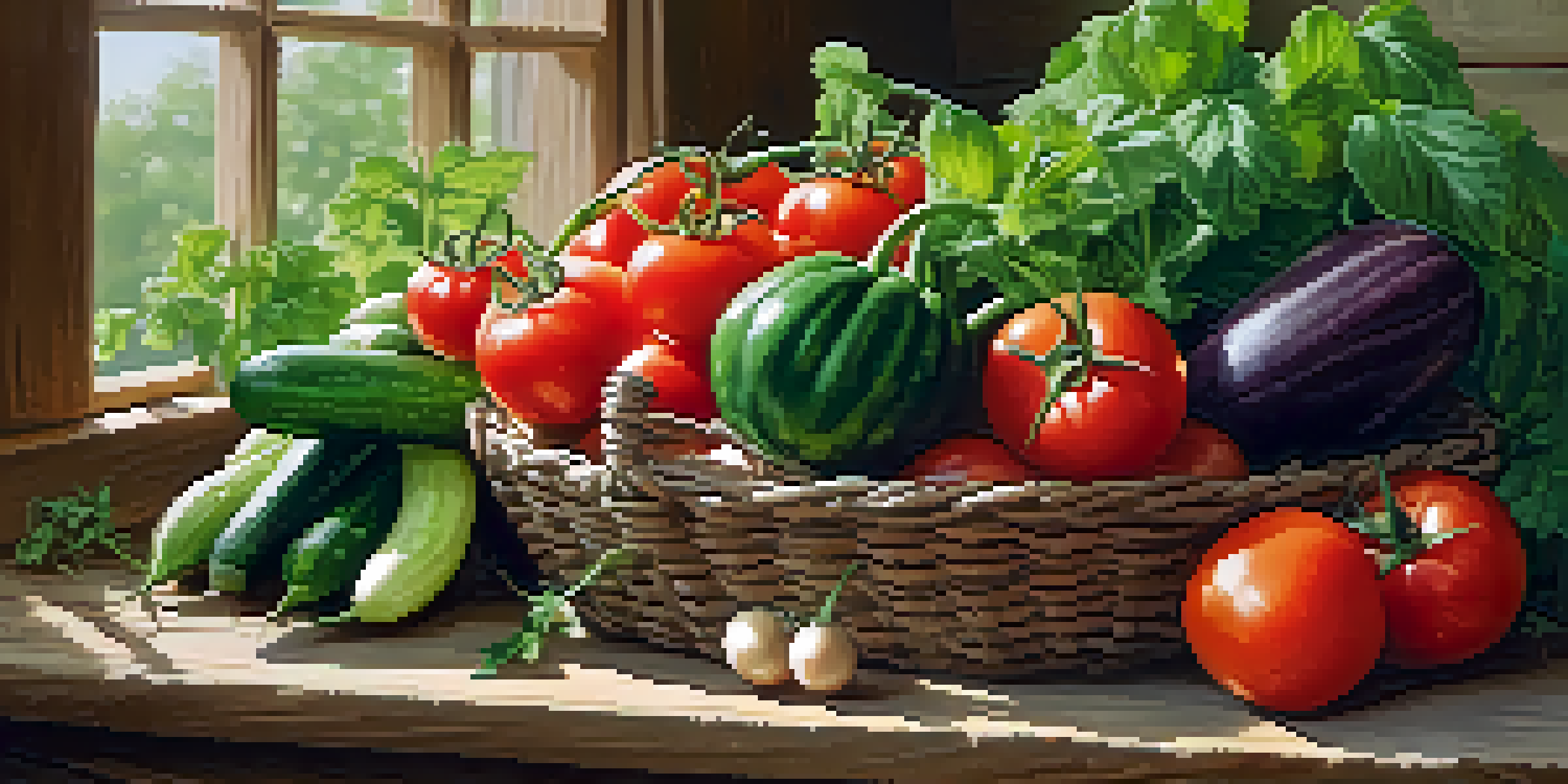 A close-up of freshly harvested vegetables on a wooden table, showcasing bright colors and textures in a garden setting.