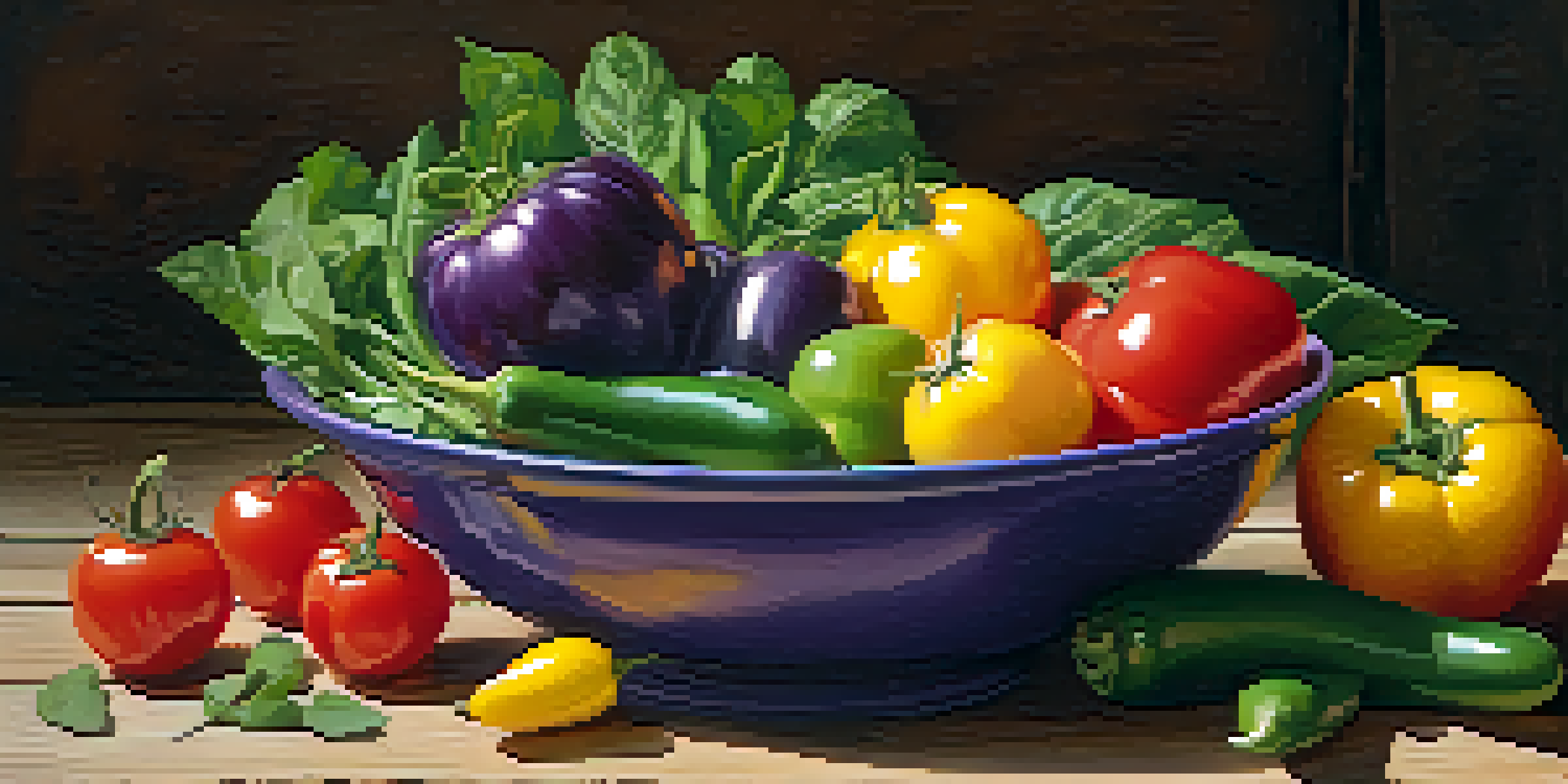 A colorful bowl filled with fresh fruits and vegetables like tomatoes, spinach, and bell peppers on a wooden table, illuminated by soft natural light.