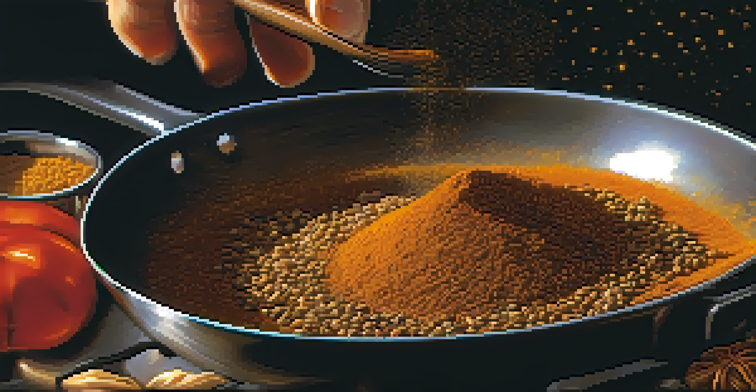 A close-up of spices being toasted in a skillet, with aromatic vapors rising into the air.