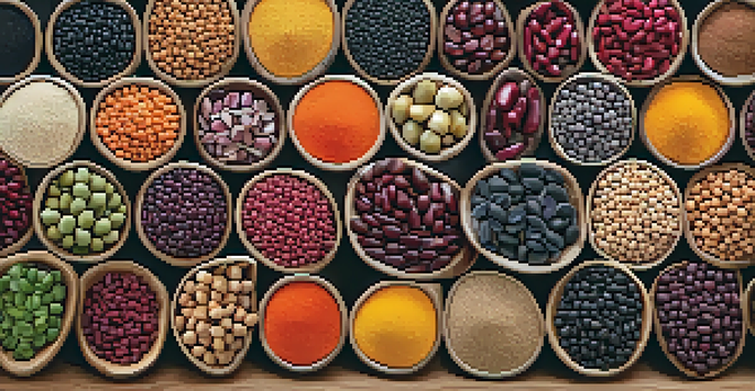 A variety of legumes including lentils, chickpeas, black beans, and kidney beans displayed in rustic bowls on a wooden table, with soft natural lighting highlighting their textures and colors.