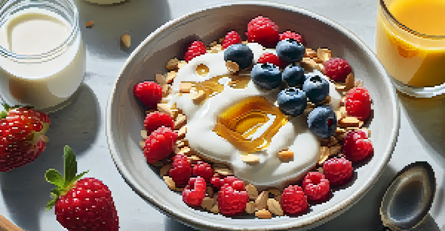 A breakfast bowl of oatmeal topped with fresh berries and honey, surrounded by almonds and a glass of plant-based milk on a rustic countertop.