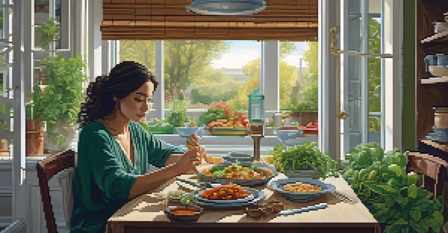 A person at a dining table with a variety of vegetarian dishes, surrounded by herbs, in a warm and inviting setting.