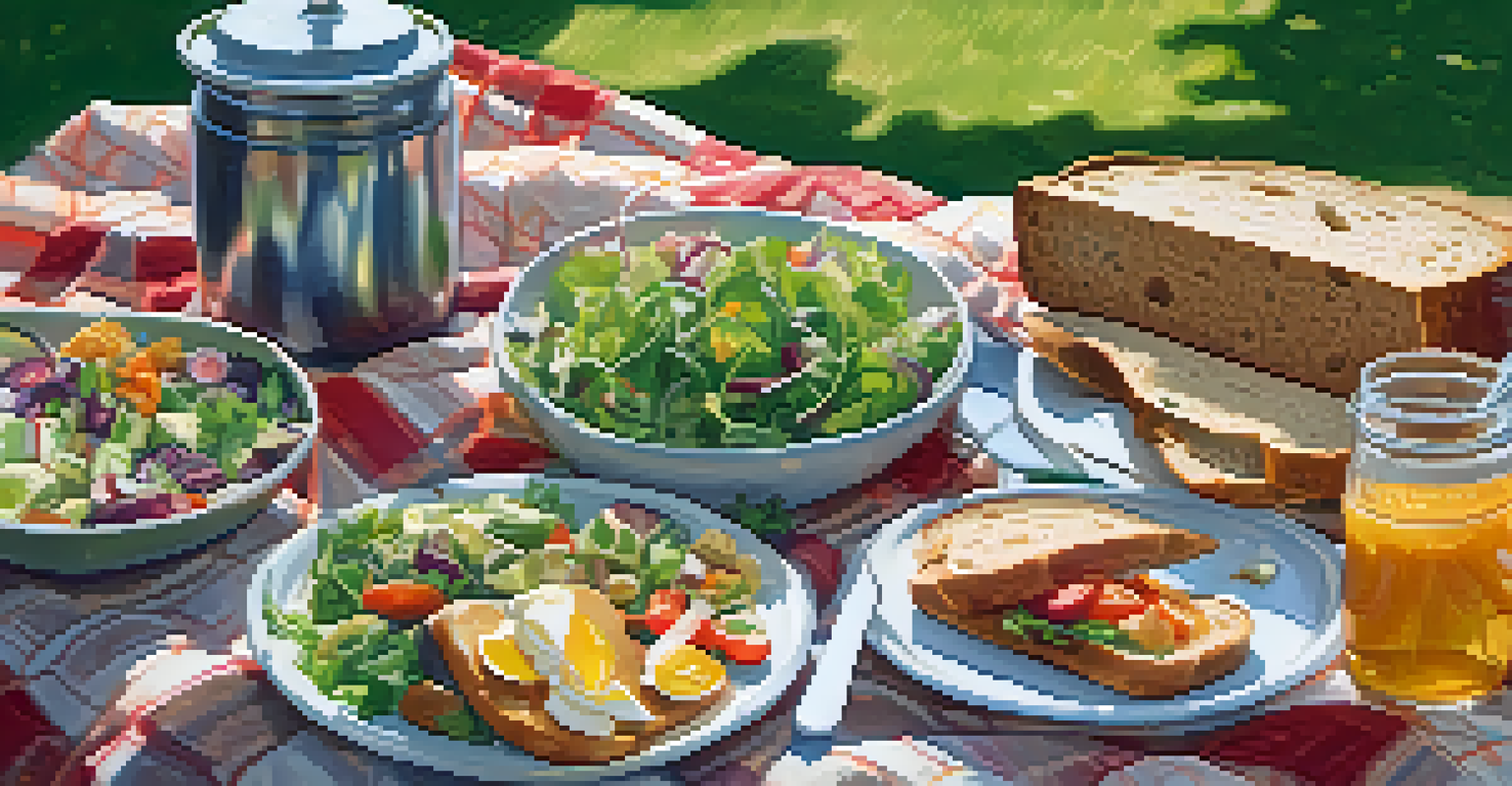 An outdoor picnic with vegetarian dishes on a blanket in a green park, sunlight filtering through trees.