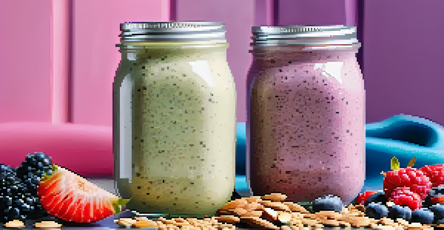 A close-up of a creamy plant-based protein smoothie topped with chia seeds, almonds, and berries.