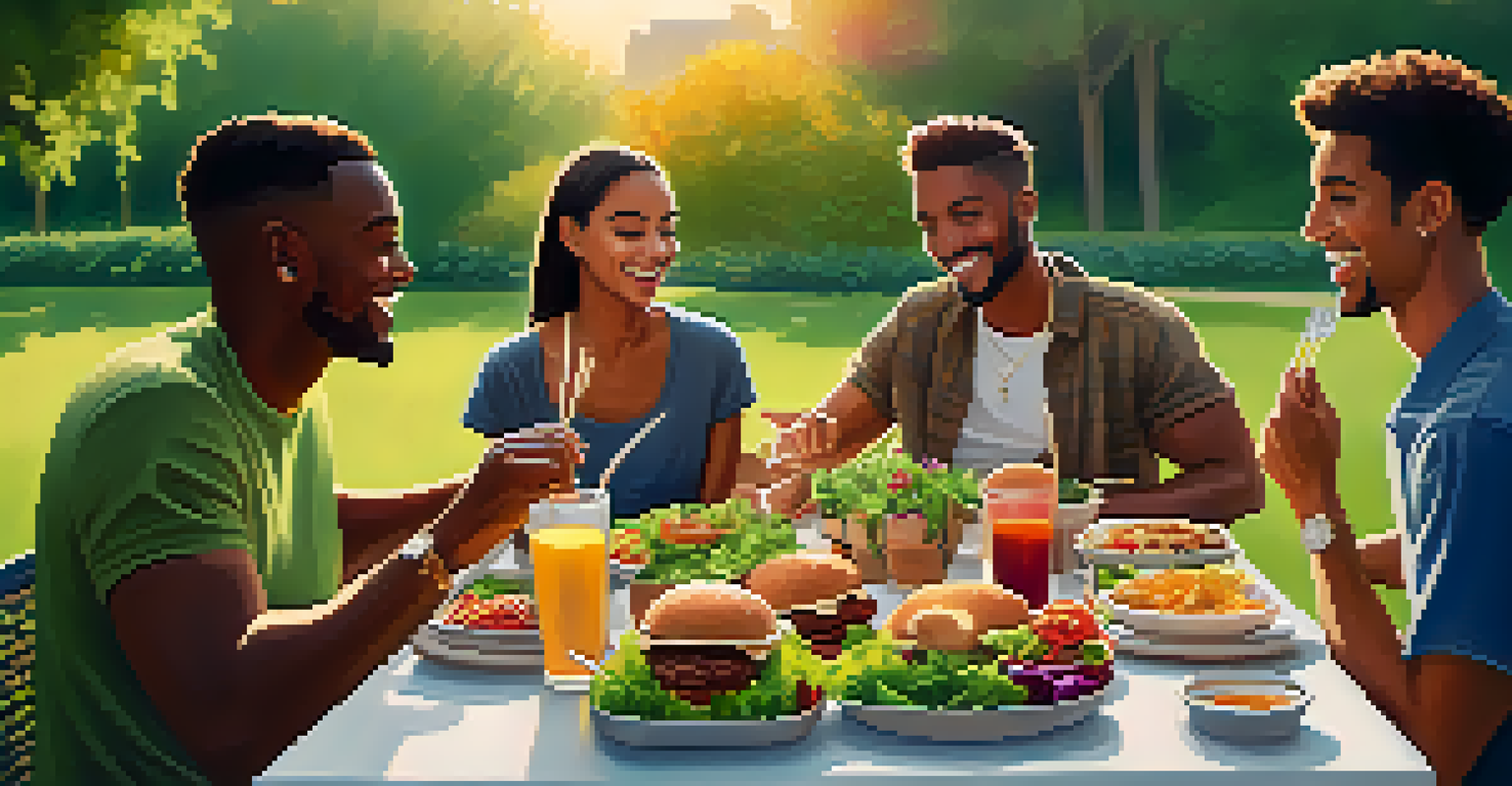 Group of friends at a barbecue enjoying plant-based burgers and salads in a park during golden hour.