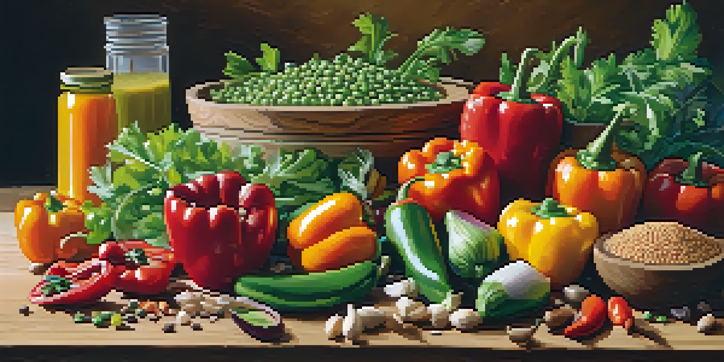 A colorful array of vegetarian foods including fresh vegetables, legumes, and grains displayed on a wooden table under warm lighting.