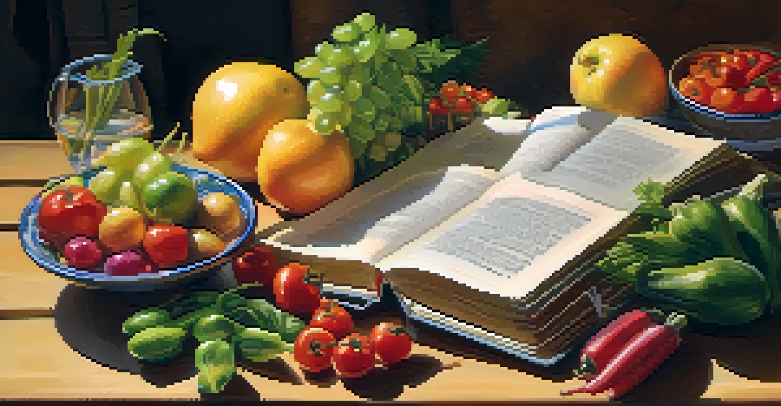 An open book with vegetarian recipes beside a variety of fresh fruits and vegetables, illuminated by soft golden light.