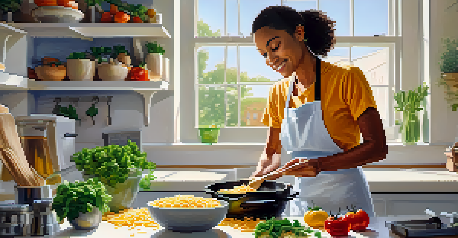 A cook preparing a plant-based mac and cheese dish in a bright kitchen, with fresh vegetables on the counter.