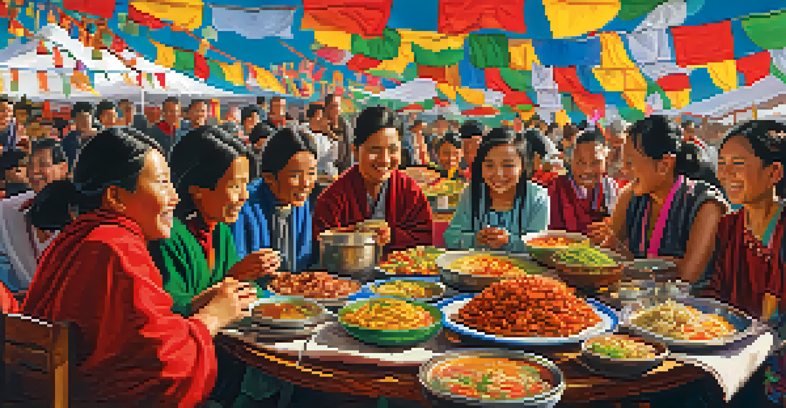 Families celebrating a Tibetan festival with a table of colorful vegetarian dishes and decorations.