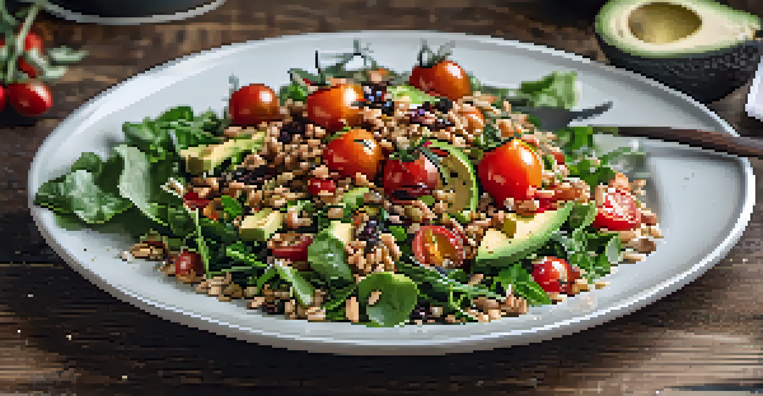 A colorful salad with farro, greens, cherry tomatoes, and avocado on a white plate.