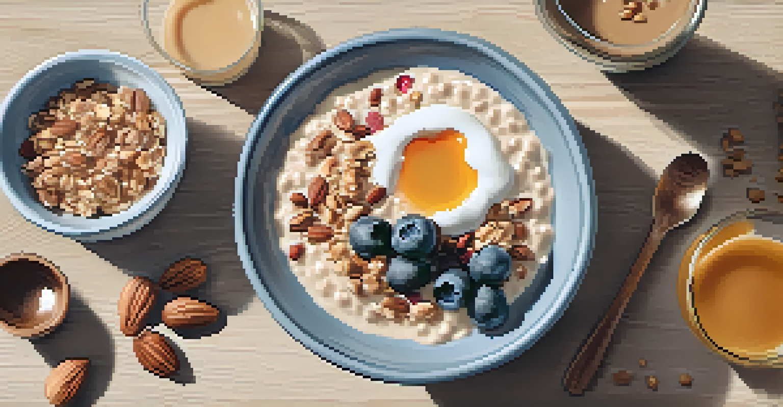 A flat lay of a healthy breakfast including oatmeal with oat milk, nuts, and berries, and a glass of soy milk on a rustic wooden surface.