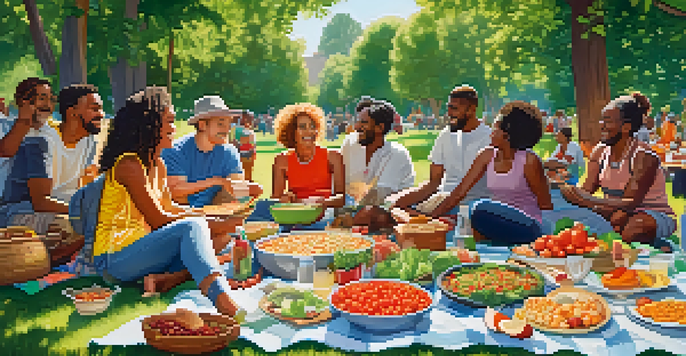 A diverse group of people gathered in a sunny park for a vegetarian potluck, with colorful dishes of food and greenery around them.