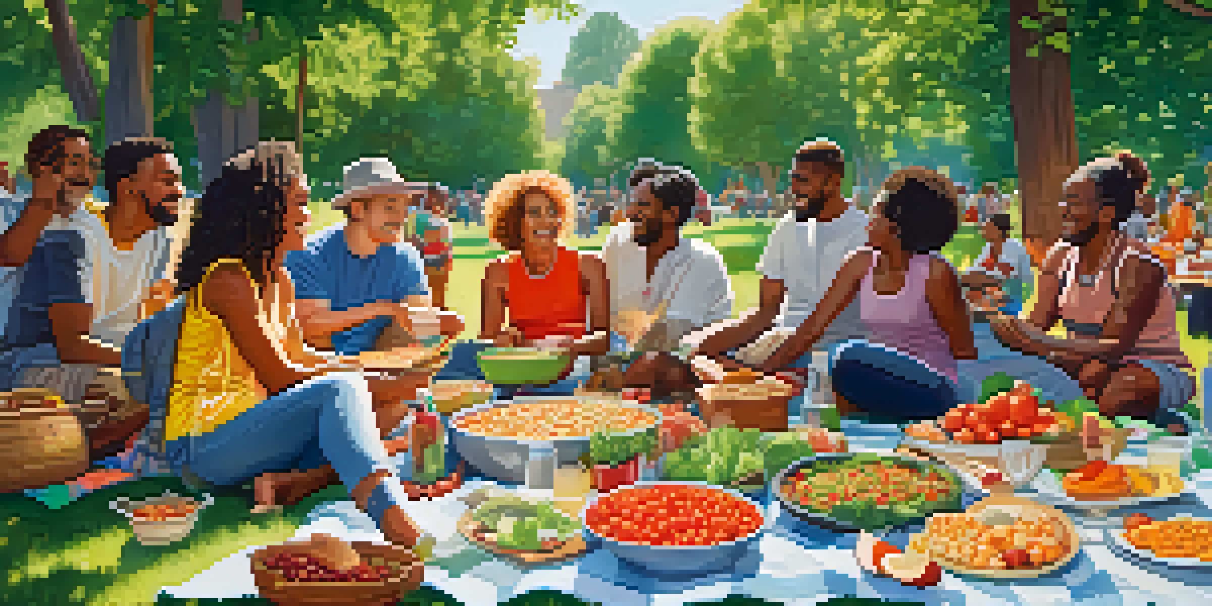 A diverse group of people gathered in a sunny park for a vegetarian potluck, with colorful dishes of food and greenery around them.
