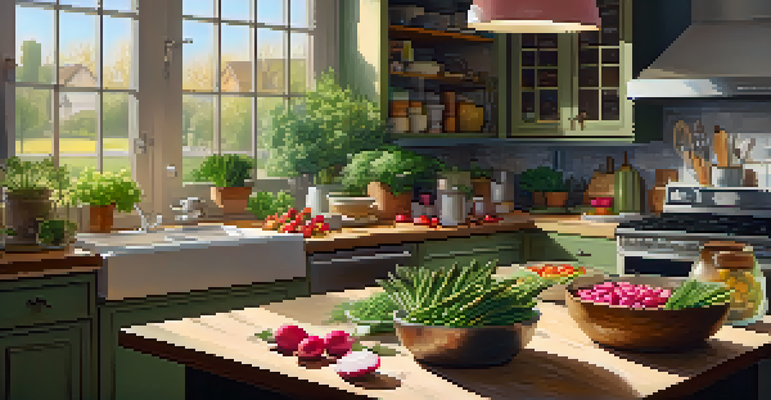 A home kitchen with a person preparing meals with fresh seasonal produce, creating a warm and inviting atmosphere.
