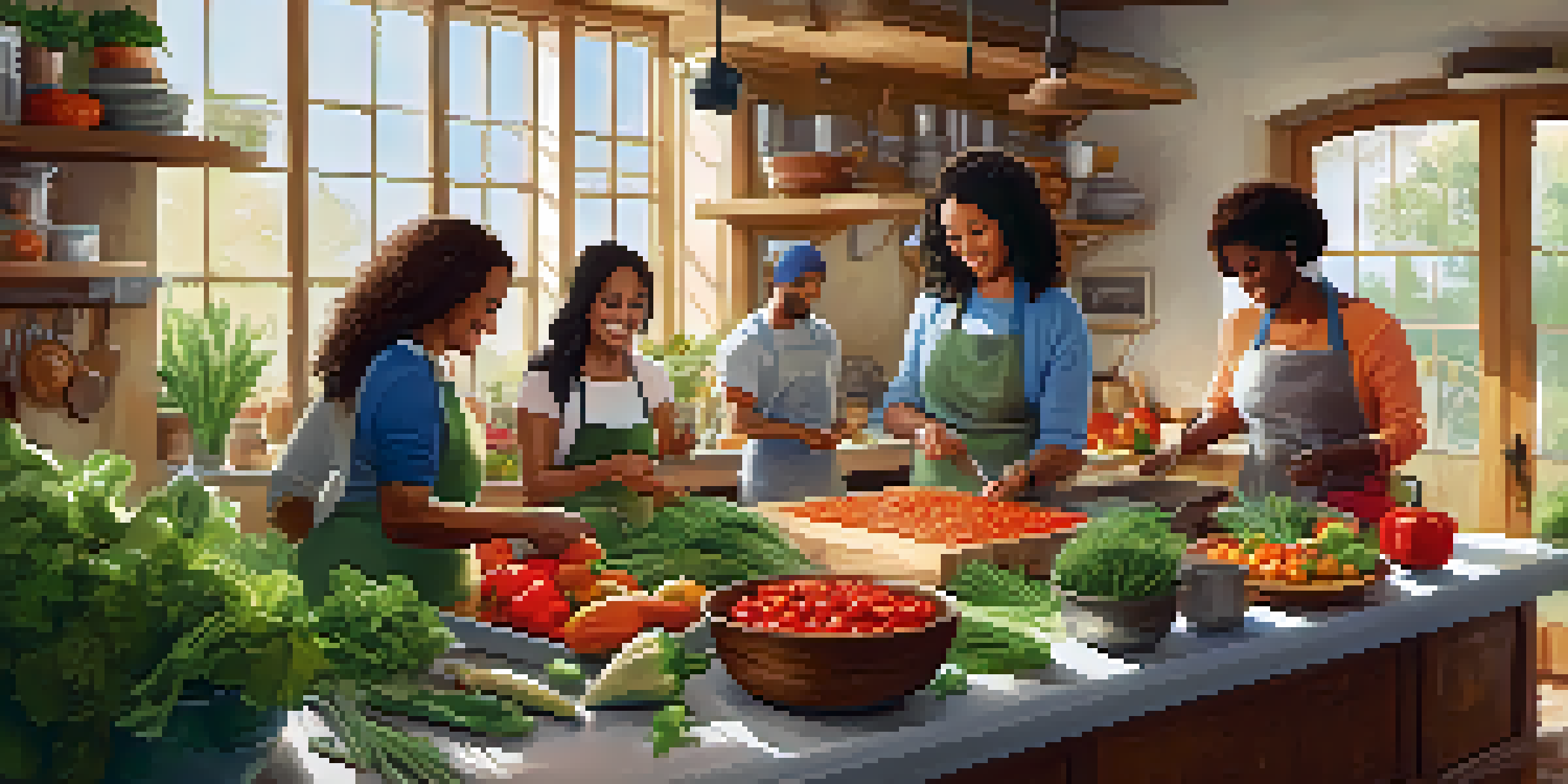 A diverse group of people in a cozy kitchen participating in a vegetarian cooking class, surrounded by colorful vegetables and sunlight.