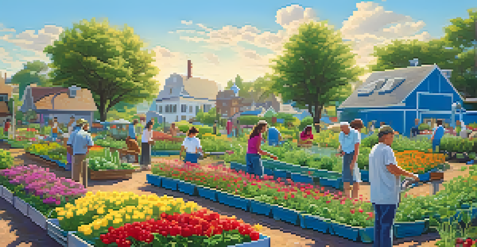 A community garden thriving with diverse plants and vegetables, with people caring for the garden under a bright blue sky.
