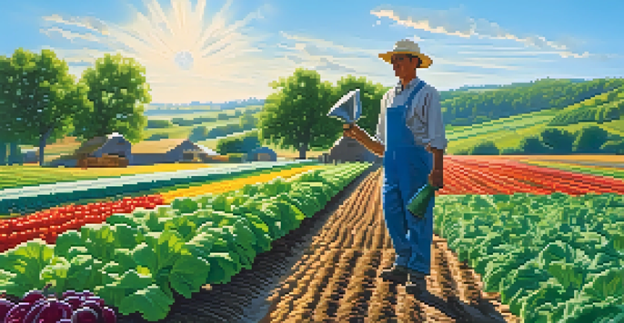 A vibrant organic farm with various crops and a farmer watering plants under a sunny sky.