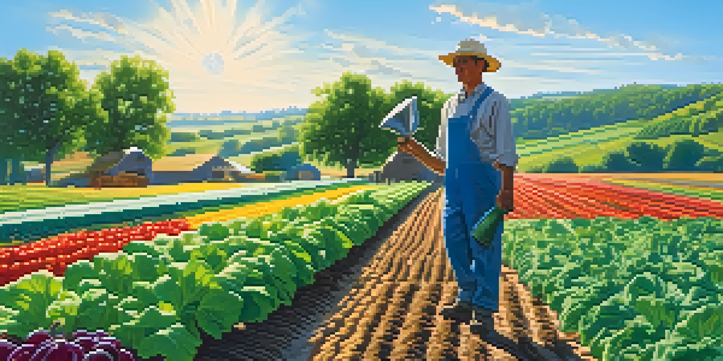 A vibrant organic farm with various crops and a farmer watering plants under a sunny sky.