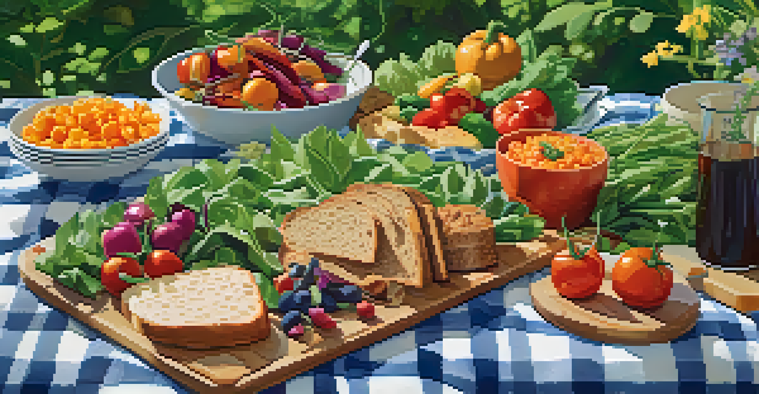 A picnic setup with a variety of plant-based dishes on a checkered blanket in a green outdoor setting.