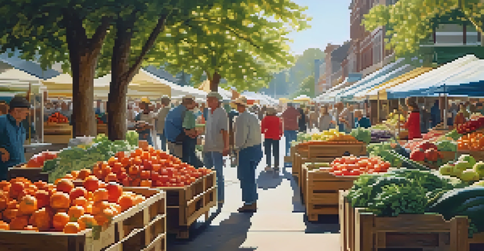A lively farmers' market filled with colorful seasonal fruits and vegetables, with shoppers engaging with local farmers under soft sunlight.