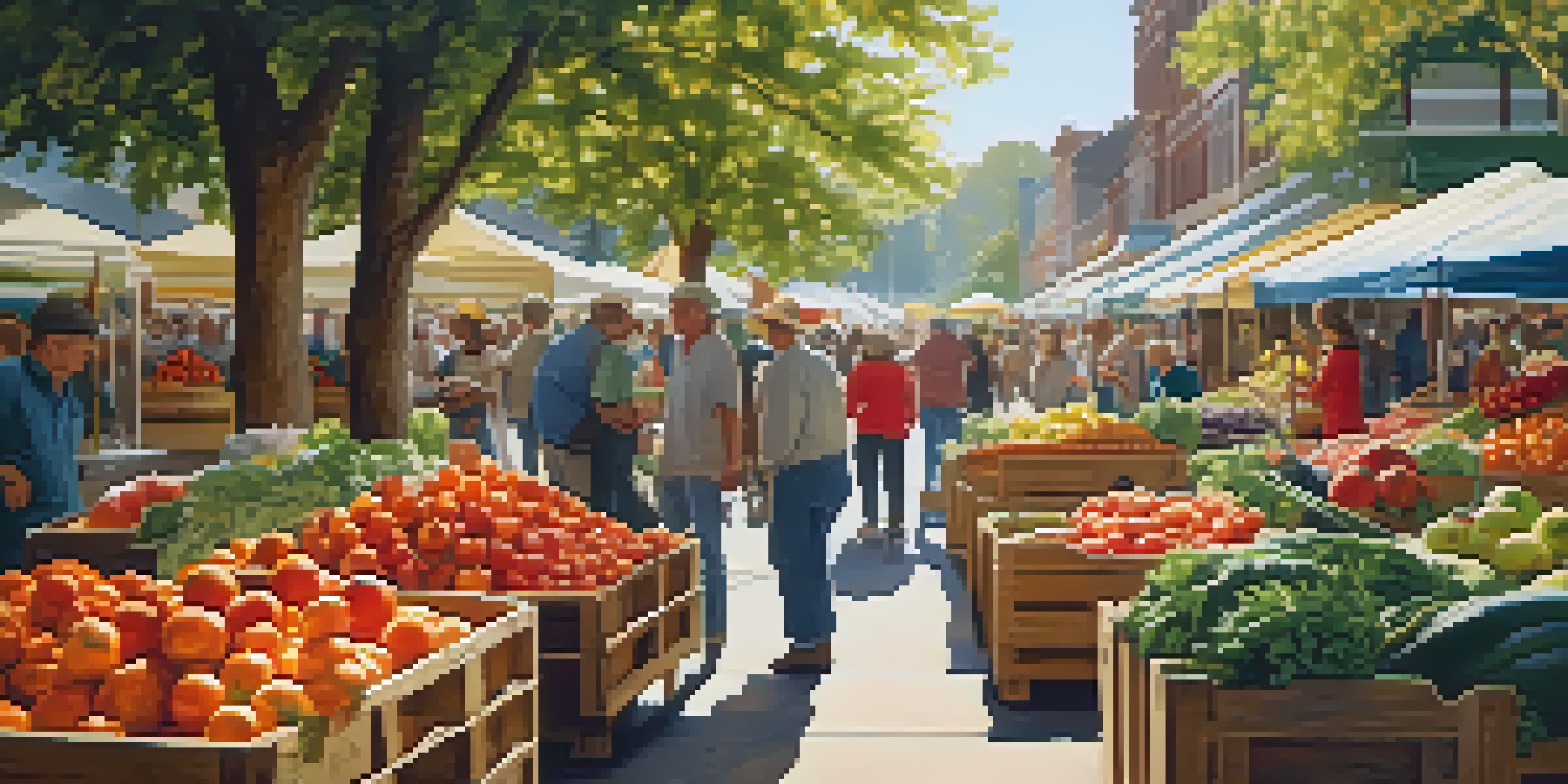 A lively farmers' market filled with colorful seasonal fruits and vegetables, with shoppers engaging with local farmers under soft sunlight.