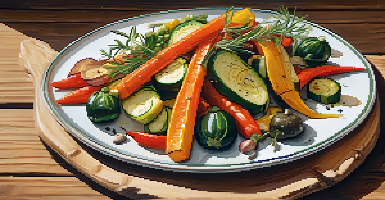A plate of roasted seasonal vegetables including carrots, bell peppers, and zucchini, drizzled with olive oil and garnished with rosemary, on a rustic wooden table with natural lighting.