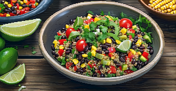 A colorful bowl of black bean and quinoa salad with diced tomatoes, corn, and lime slices on a rustic wooden table.