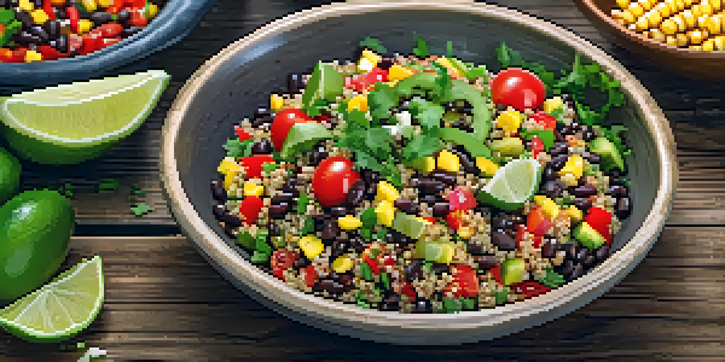 A colorful bowl of black bean and quinoa salad with diced tomatoes, corn, and lime slices on a rustic wooden table.