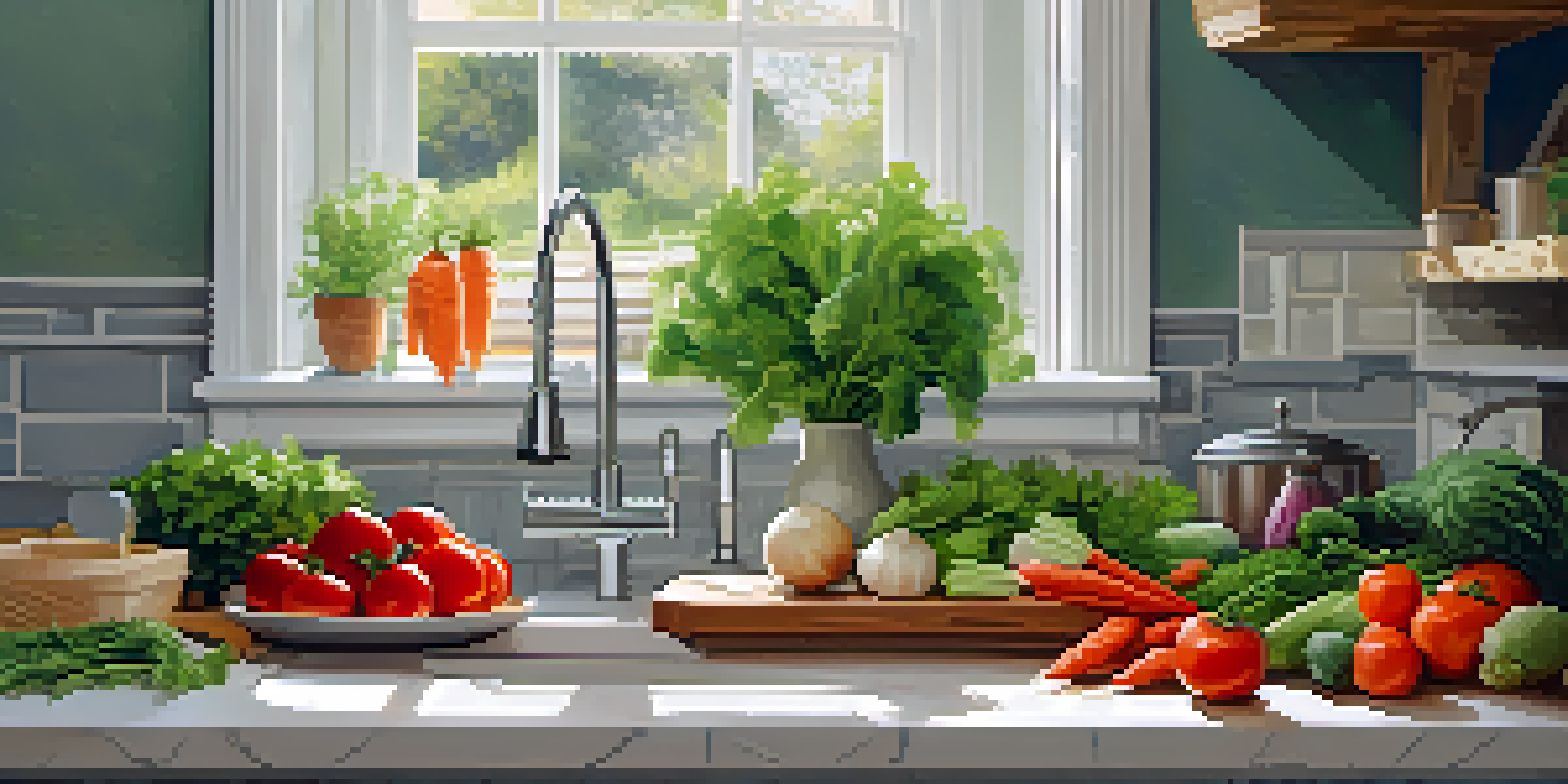 A kitchen countertop displaying fresh vegetables being rinsed under running water, with a cutting board in the background.