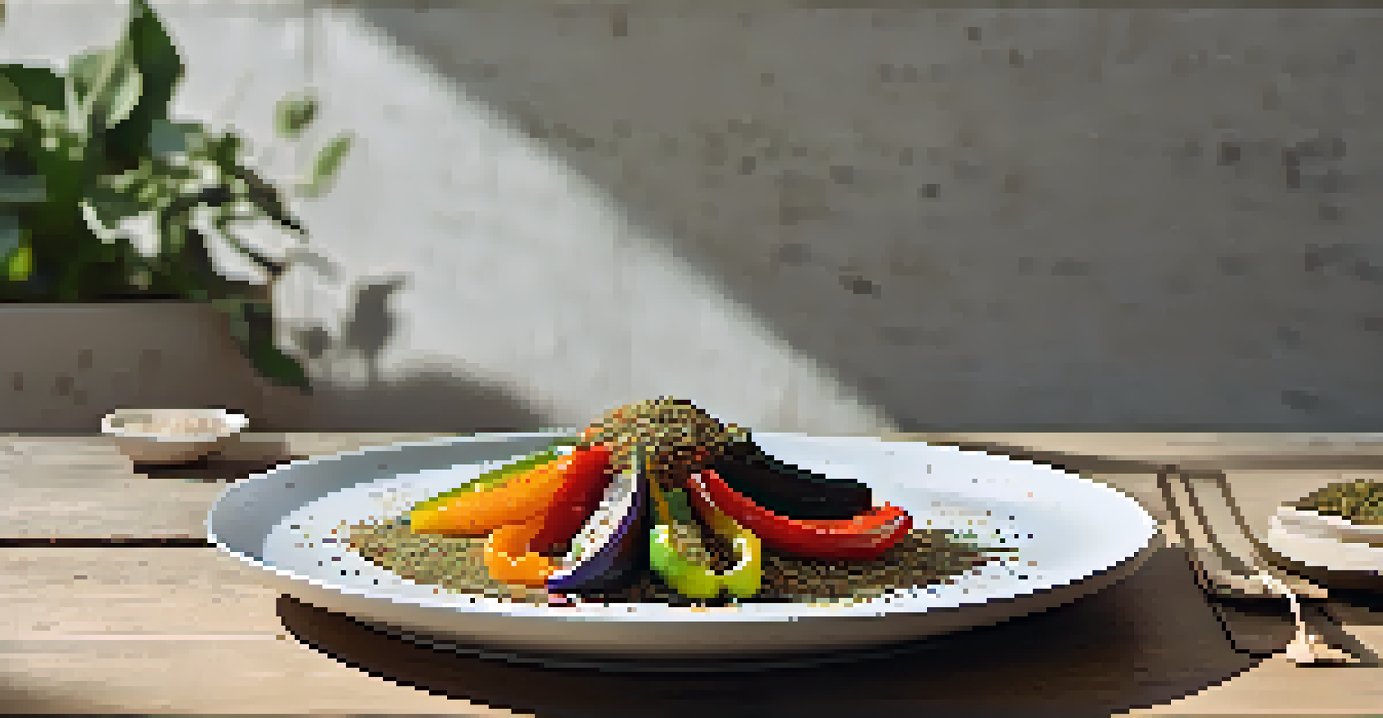 A plated vegetarian dish with roasted vegetables seasoned with spices on a rustic wooden table.