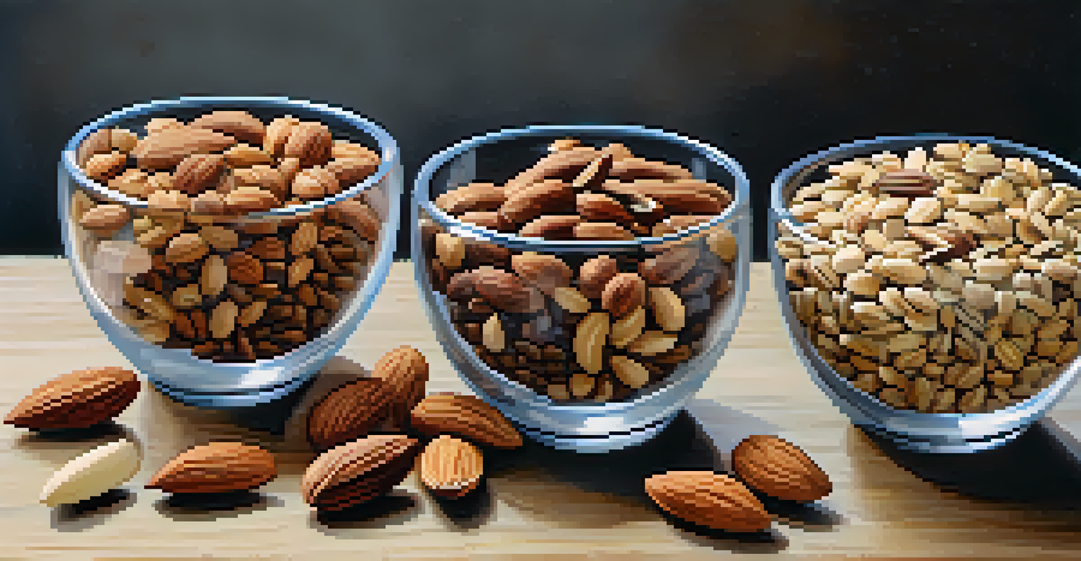 An artistic display of assorted nuts and seeds in small glass bowls on a wooden surface.