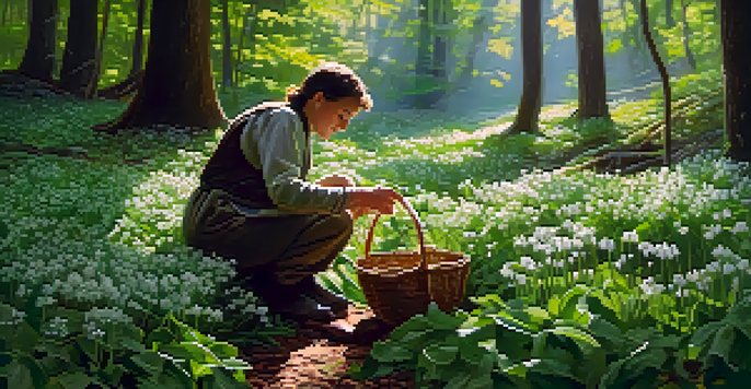 A person foraging for wild garlic in a sunlit forest with a basket of foraged ingredients beside them.