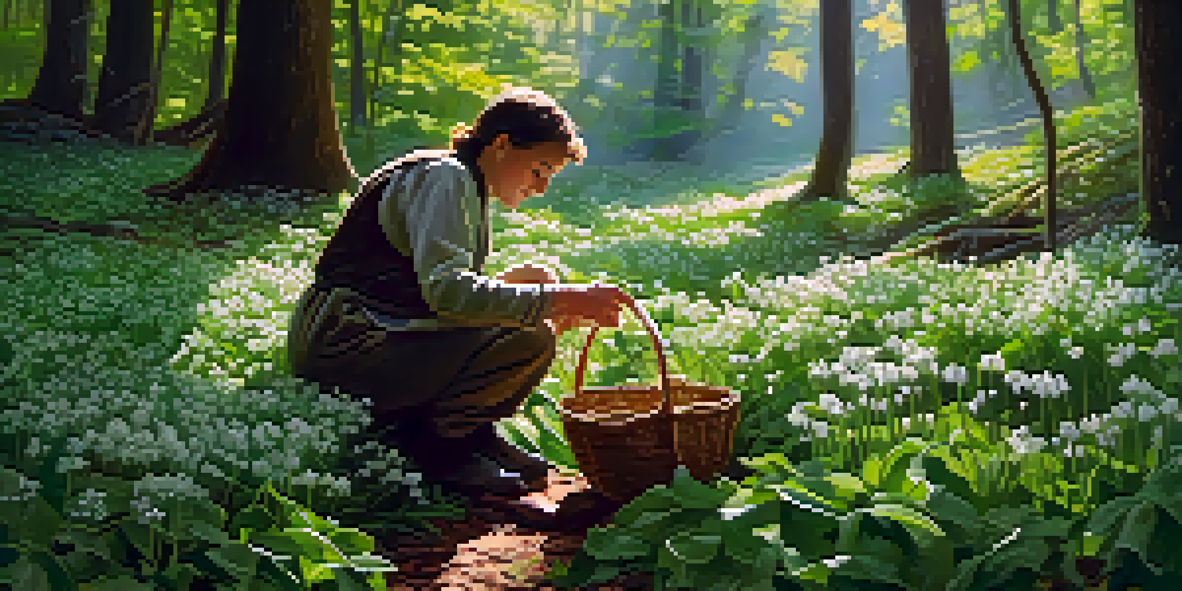 A person foraging for wild garlic in a sunlit forest with a basket of foraged ingredients beside them.