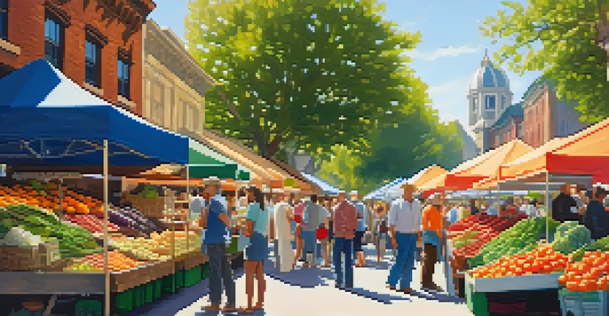 A lively farmer's market with colorful vegetables and fruits, people shopping, and sunlight filtering through trees.