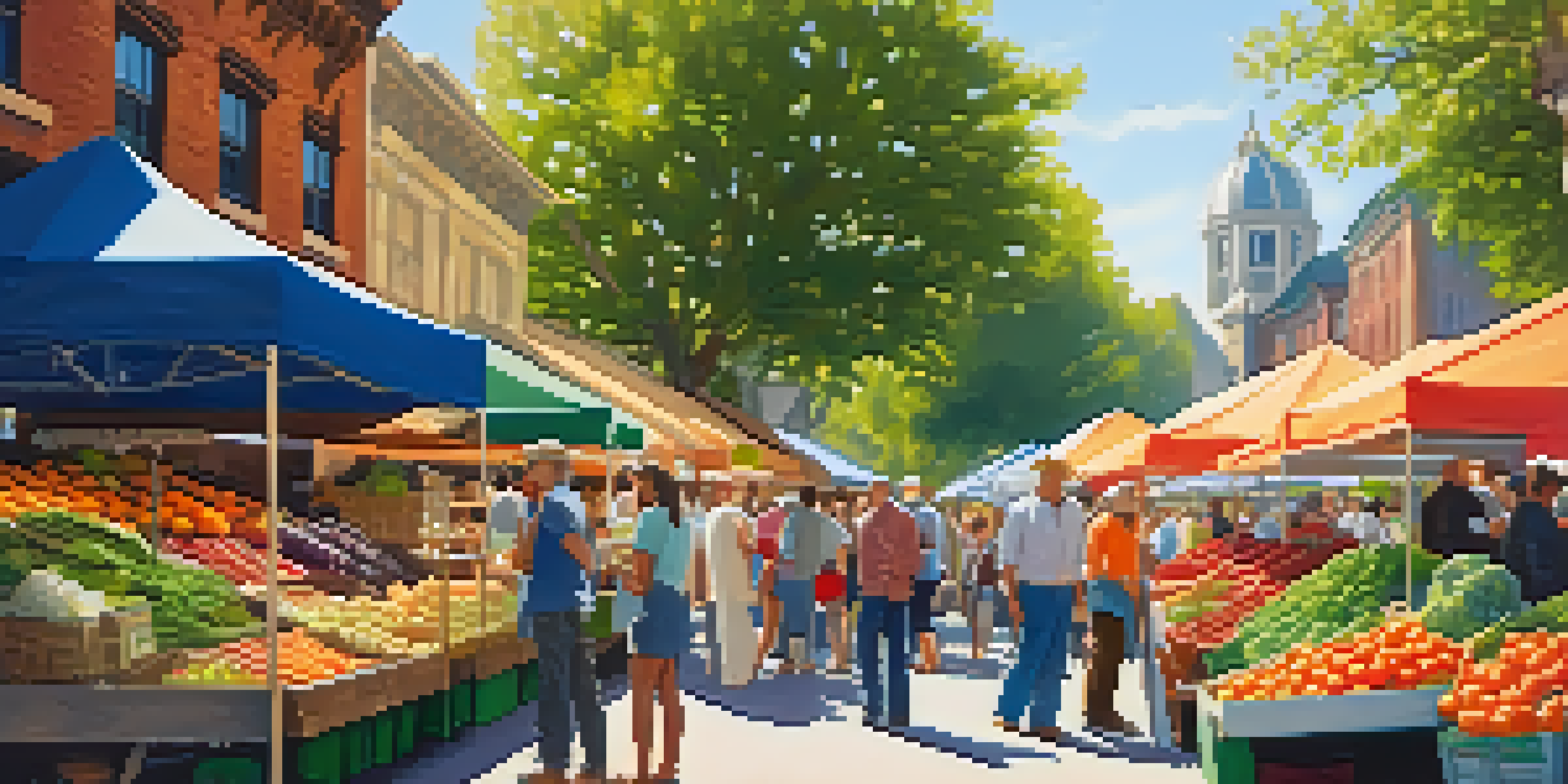 A lively farmer's market with colorful vegetables and fruits, people shopping, and sunlight filtering through trees.