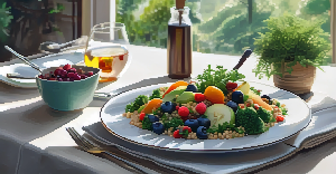 A dining table beautifully arranged with colorful vegetarian dishes and a journal, illuminated by warm natural light.