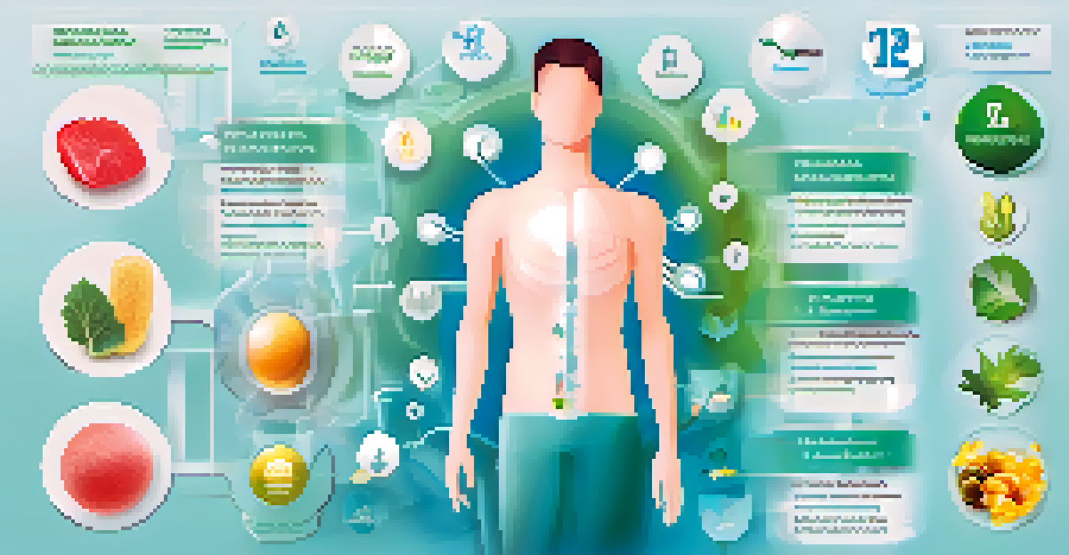 An infographic showing symptoms of Vitamin B12 deficiency with icons for fatigue, pale skin, and cognitive difficulties on a soft blue-green background.