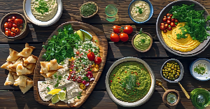 A colorful Mediterranean mezze platter with small dishes such as hummus, baba ghanoush, and tabbouleh on a rustic wooden table, illuminated by warm sunlight.