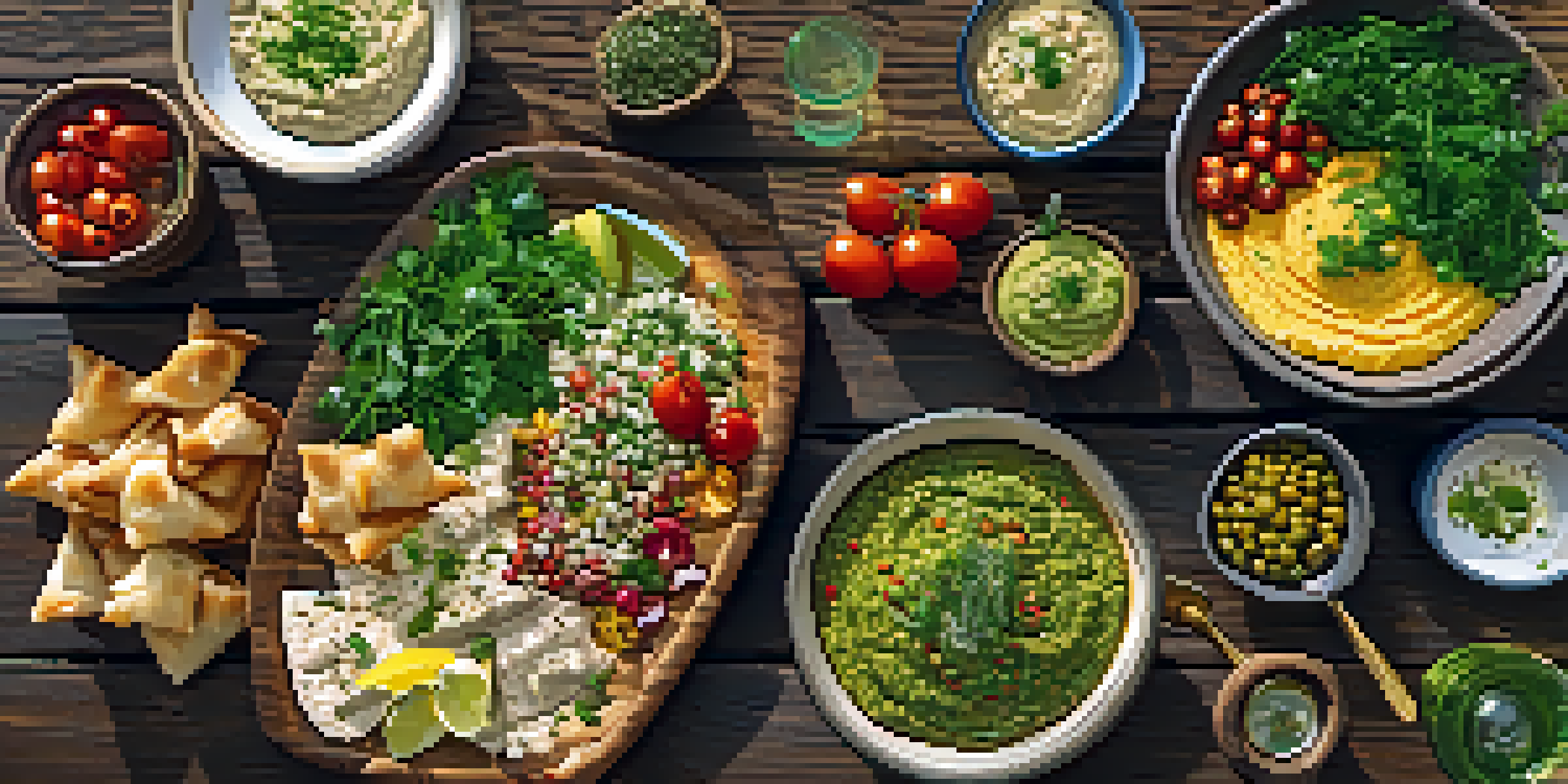 A colorful Mediterranean mezze platter with small dishes such as hummus, baba ghanoush, and tabbouleh on a rustic wooden table, illuminated by warm sunlight.